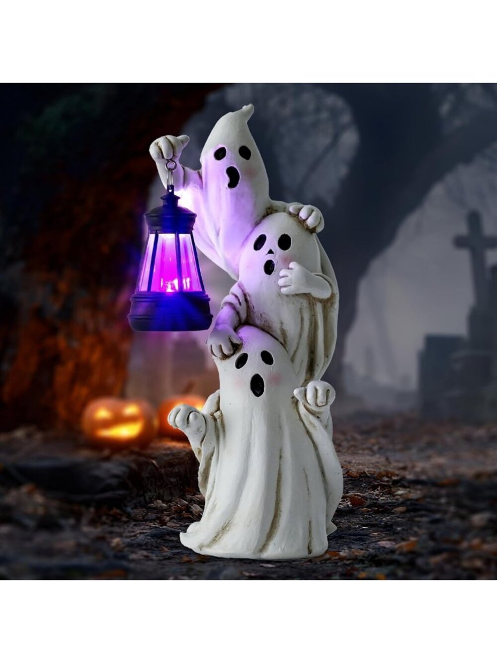 Spooky Triple Ghost Halloween Decorations with Solar Lanterns for Outdoor Yards